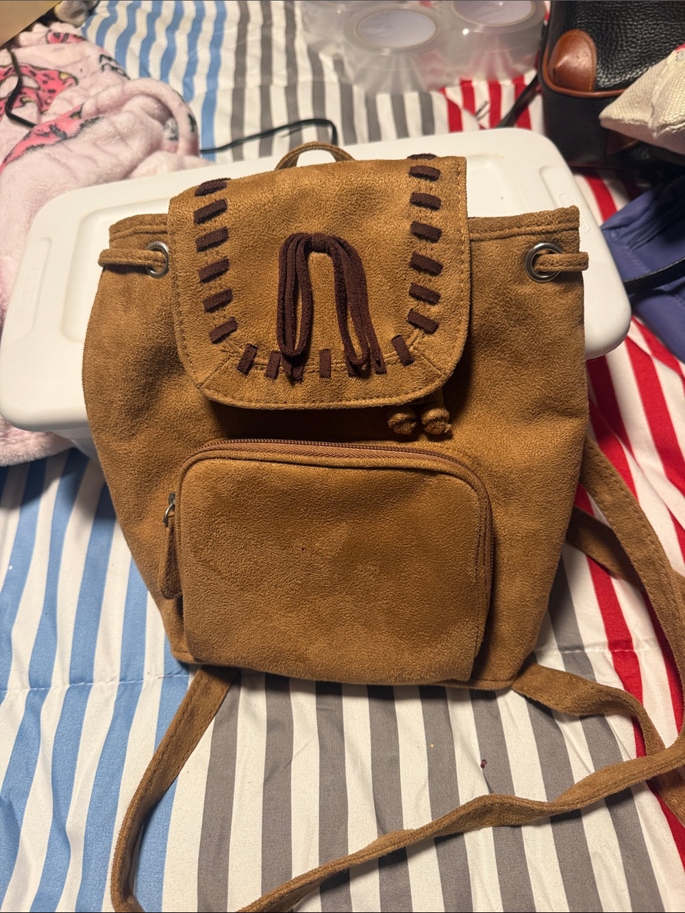 Suede Drawstring Backpack - Brown